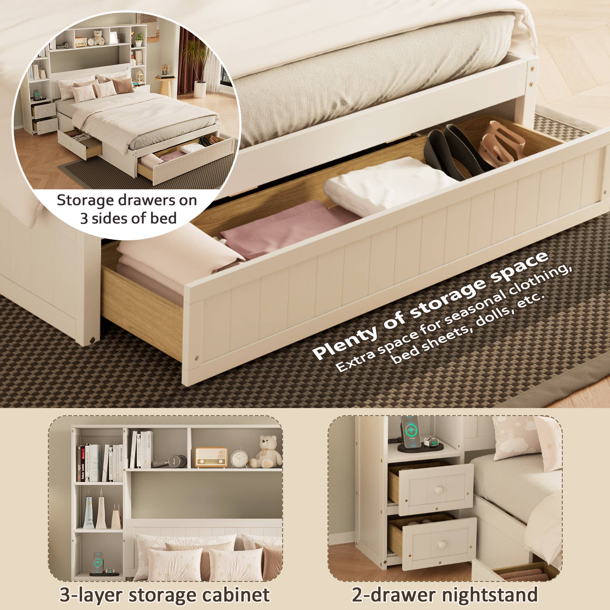 HOMYCASA DESIGN INC - Wholesale Bed - Full/Queen Size Pine Wood Platform Bed & Storage 2 Charging8