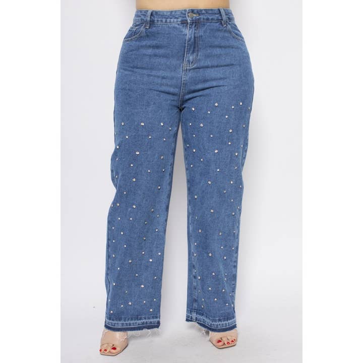 Curve Market - Wholesale Jeans - Women's - PLUS SIZE RHINESTONE STUDDED HIGH WAIST WIDE LEG JEANS