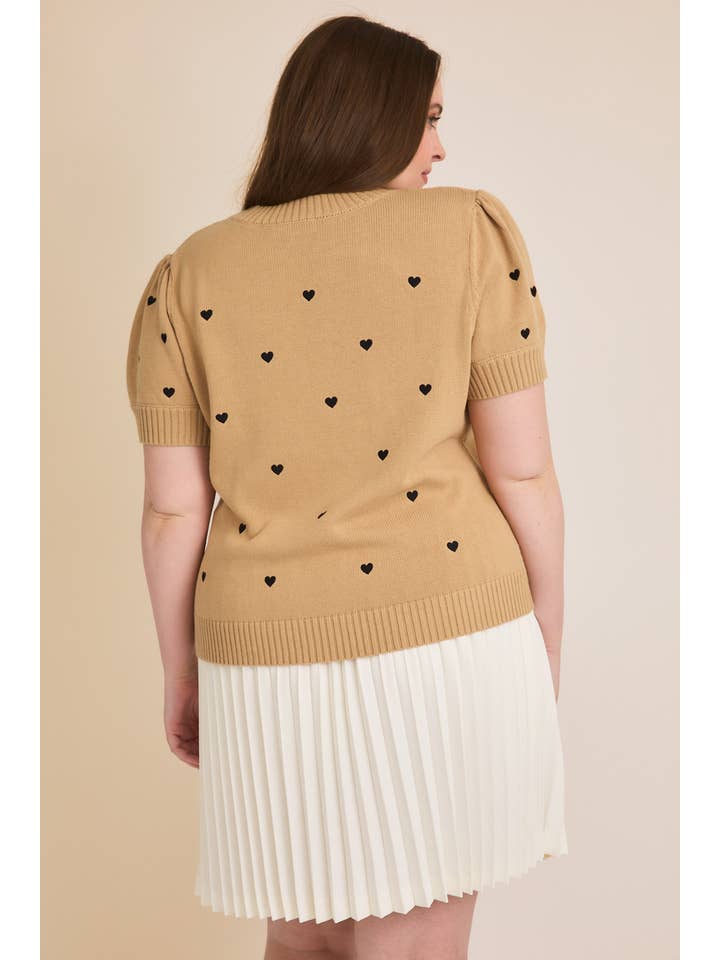 GILLI - Wholesale Knit Sweater - Women's - **PLUS** PUFF SHORT SLEEVE "HEART" EMBROIDERED SWEATER