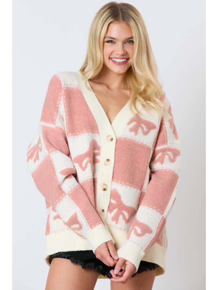 Peach Love California - Wholesale Cardigan - Women's - 3d Bow & Square Pattern Oversized Cardigan