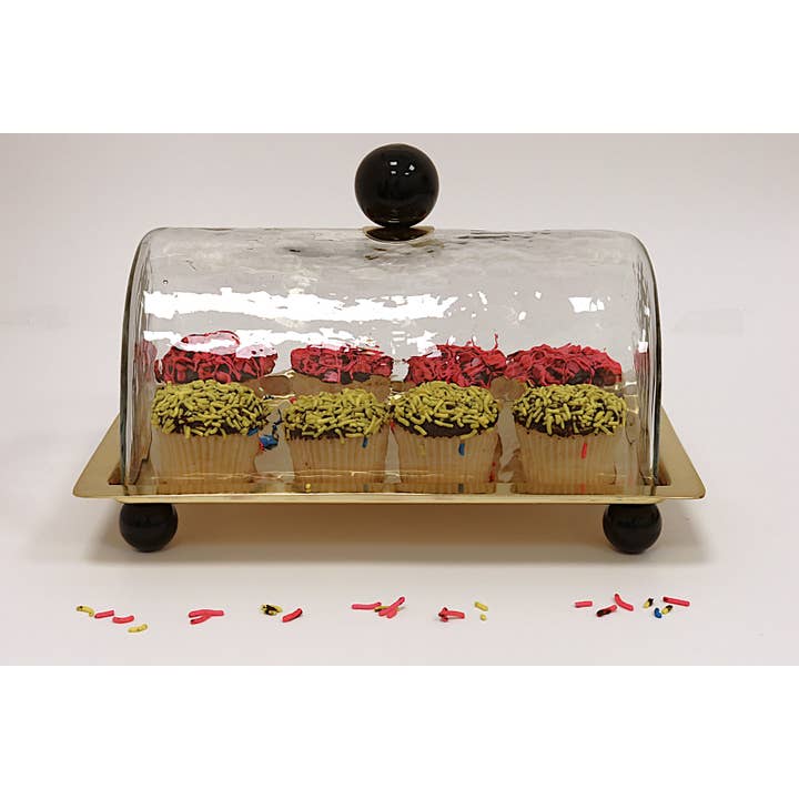 CLASSIC TOUCH DECOR INC. - Wholesale Cake Stand - Rectangle Cake Dome Gold with Ball Knob - 10.2"L4