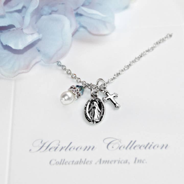 Catholic Mary Necklace Pearl, Crystal, Medal RH-43 for wholesale by Collectables America
