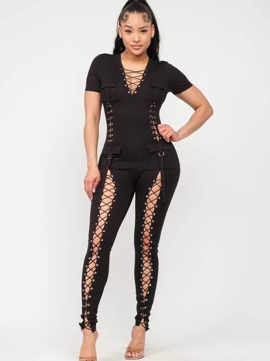 Lace Up And Pocket Detail Short Sleeve Catsuit for wholesale by Belita Collection