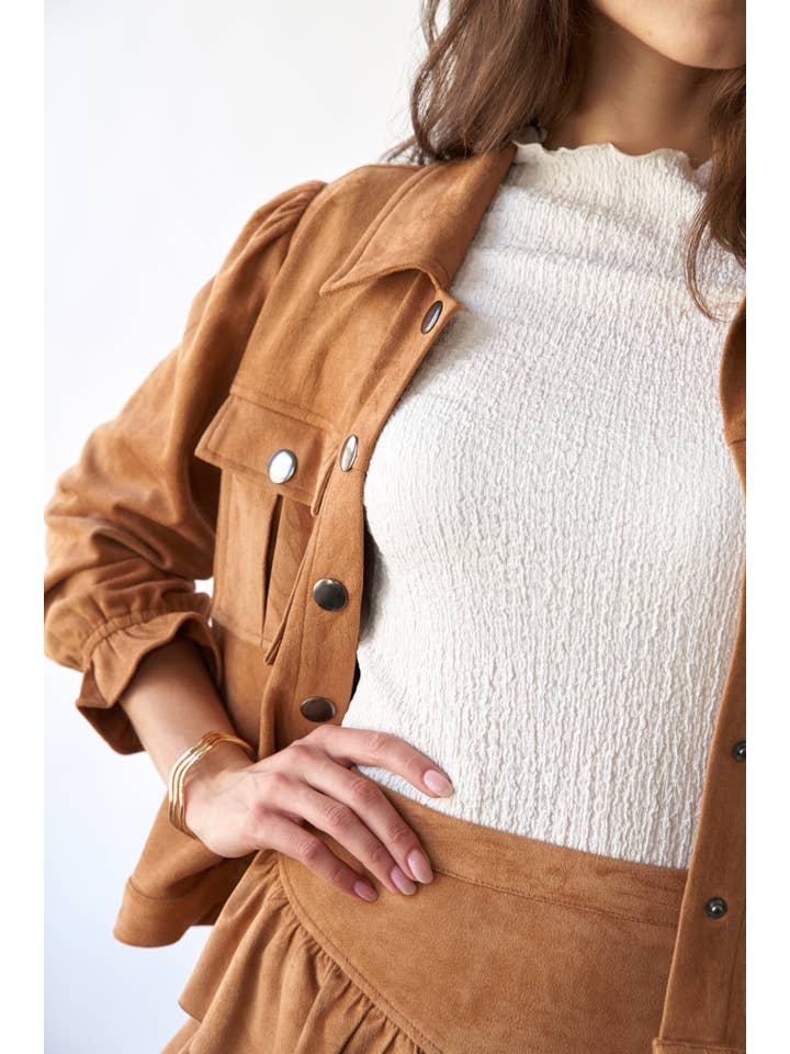 CAMEL SUEDE CROPPED JACKET UTILITY POCKETS (ST7186) for wholesale on Faire