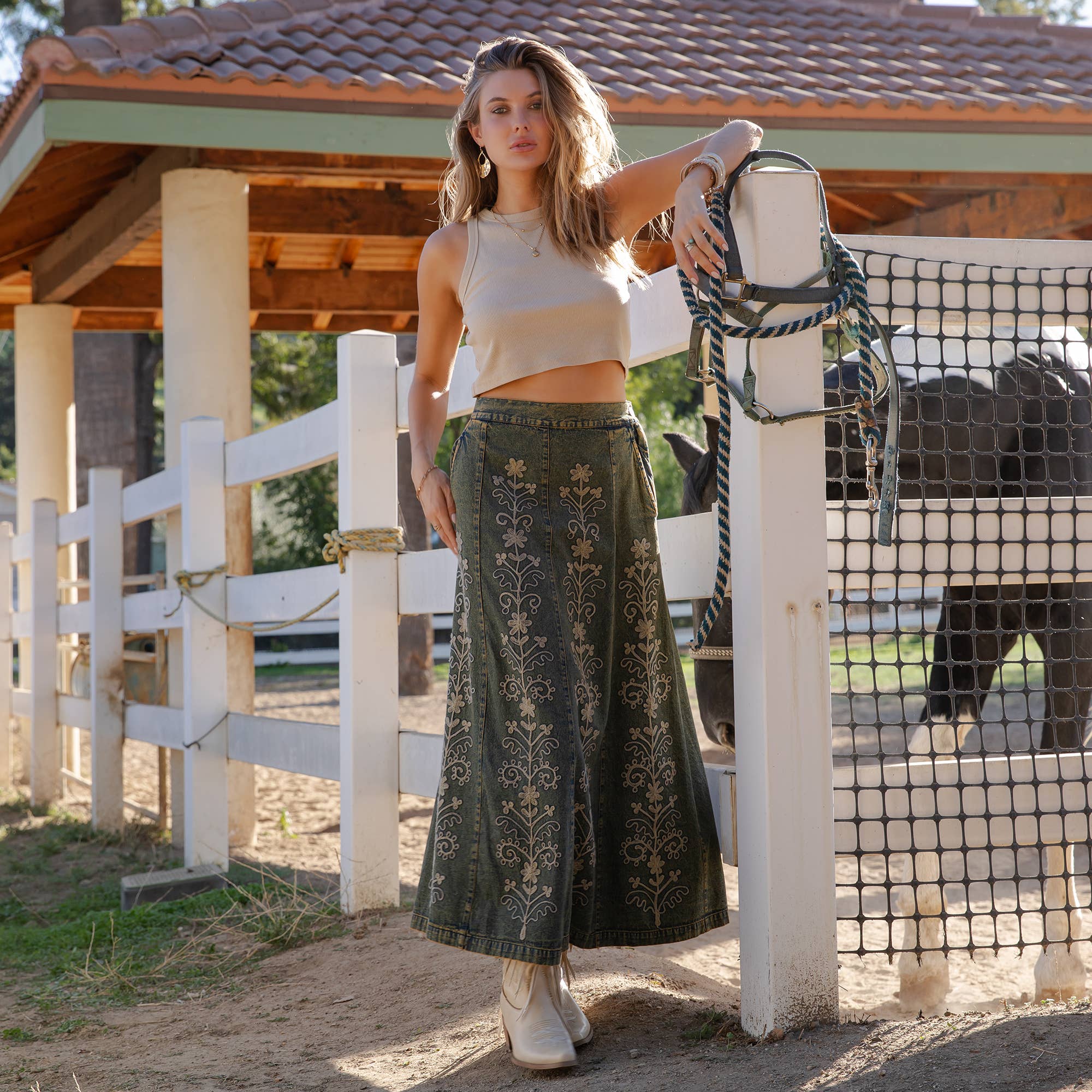 Young Threads - Wholesale Skirt - Women's - Artisan Floral Embroidered Denim Maxi Skirt (NEW)9