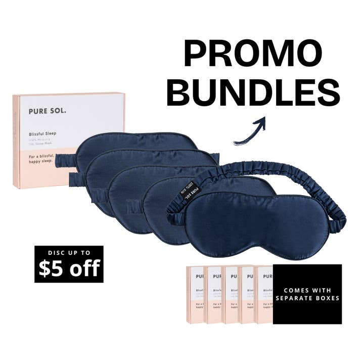 Masque de sommeil en soie de mûrier Blissful Sleep - Lot de 5 en bleu marine pour la vente par PURE SOL.