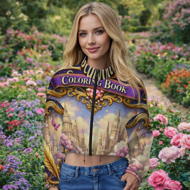 Jaqueta cropped usada por Diane — O Livro de Colorir Wonderscape por atacado de Sharon Tatem Fashion LLC