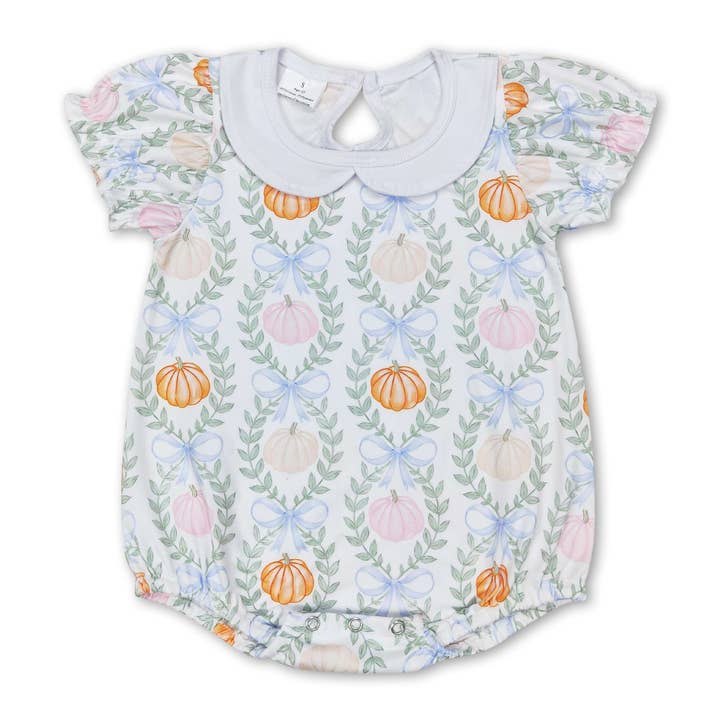 Short sleeves pumpkin bow baby girls Halloween romper for wholesale by Yawoo Garments