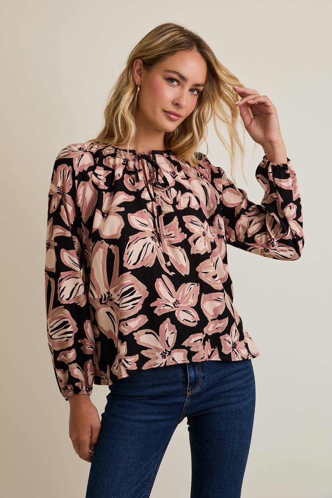 FRONT TIE PUFF LONG SLEEVE FLORAL TOP for wholesale on Faire