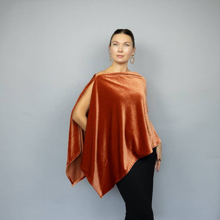 Burnt orange velvet cape winter wrap for wholesale by BridalSpain