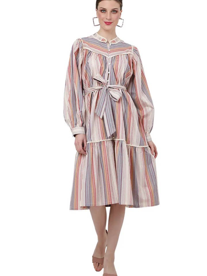 Vestido Midi às Riscas com Inserções de Renda e Botões à Frente - Cru, XS a 3XL por atacado de Miss Lavish London