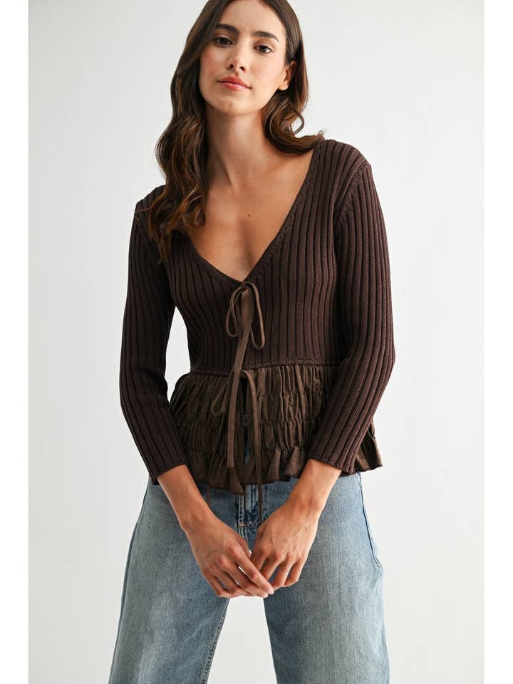 TEXTURED KNIT BLOUSE WITH RUCHED PEPLUM for wholesale by Camellia