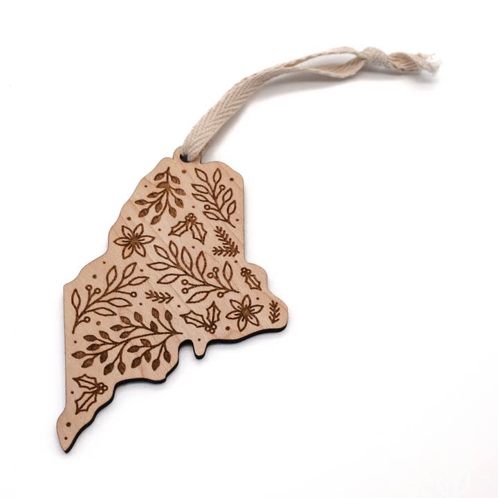 Maine Festive Engraved Wood Ornament for wholesale by Wildewood Handcrafted Goods