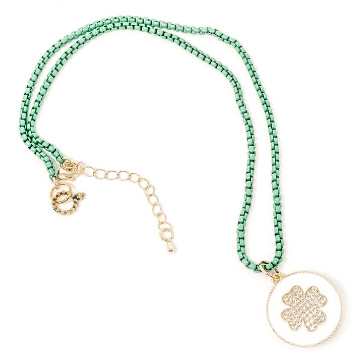 18" Irish Green Enameled Chain with White Enamel and Pave Clover for wholesale by PowerBeads by jen