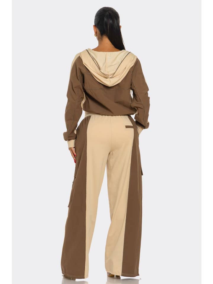 Brown ACTIVE CONTRAST PIPING STRAIGHT PANTS SET for wholesale on Faire3