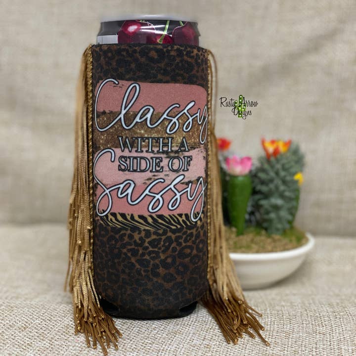 Slim Classy and Sassy Fringe Koozie for wholesale by RAD Wholesale