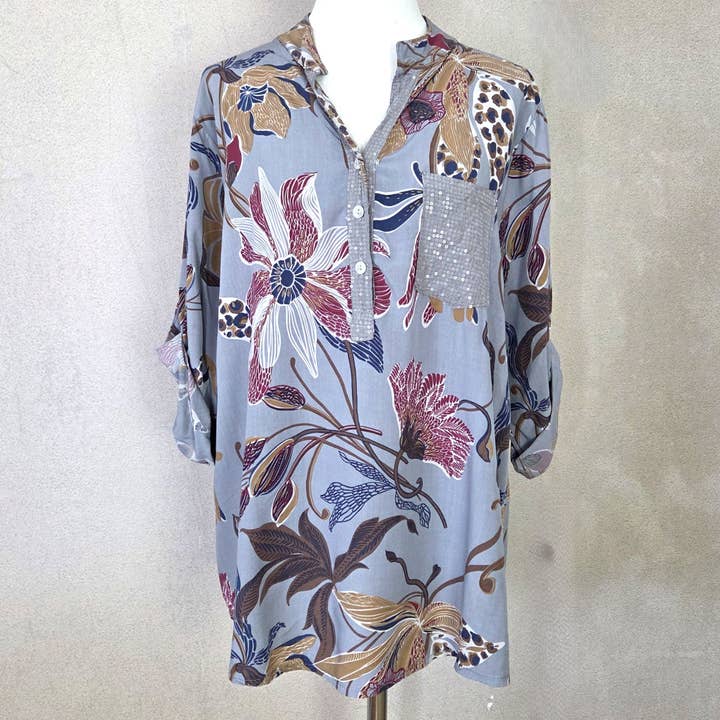 Wild flower print viscose shirt with subtle sequin pocket and neckline (M) for wholesale by Tempest Designs