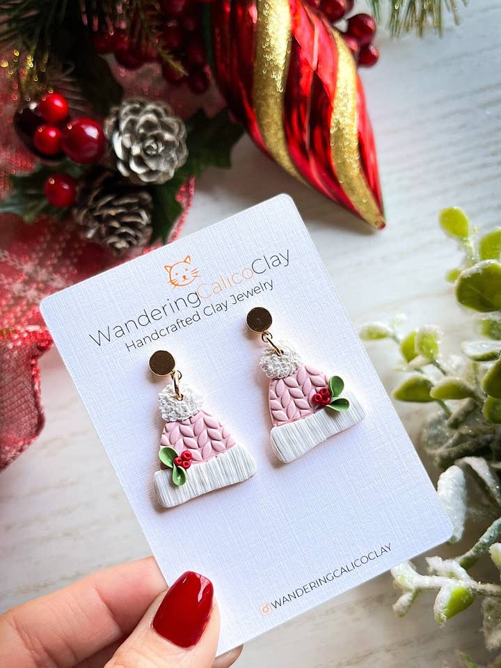 Handmade Polymer Clay Winter Beanie Hat Earrings for wholesale by WanderingCalicoClay