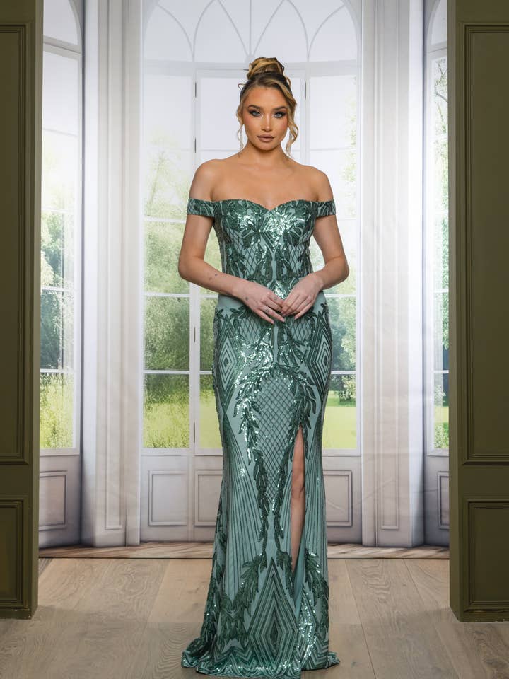 1013P25-MÖNSTRAD PALJETTAXELBANDSLÖS MAXIKLÄNNING för wholesale av RICARICA INC.