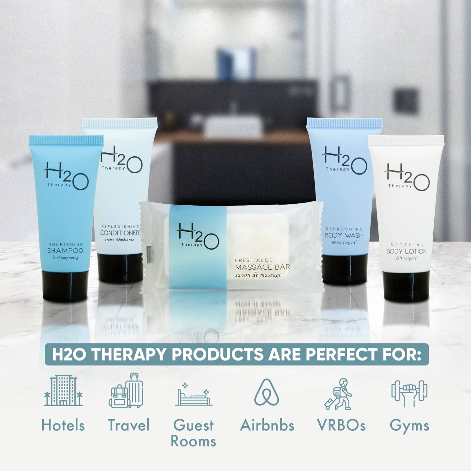 Diversified Hospitality Solutions - Wholesale Set met bad- en lichaamsproducten - H2O Therapy Hotel Zeep en Toiletartikelen Bulk Set | 1-Shoppe All-In-Kit Voorzieningen voor Hotels & Airbnb | 25 ml Hotel Shampoo & Conditioner, Body Wash, Body Lotion & 28 g Zeep Reismaat | 300 Stuks1