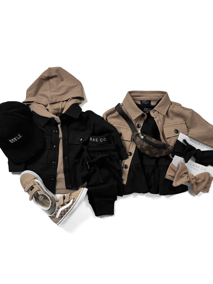 Remi + Rae Co. - Wholesale Shirt Jacket/Shacket - Kids - BAMBOO RIBBED BUTTON UP SHACKET - COFFEE