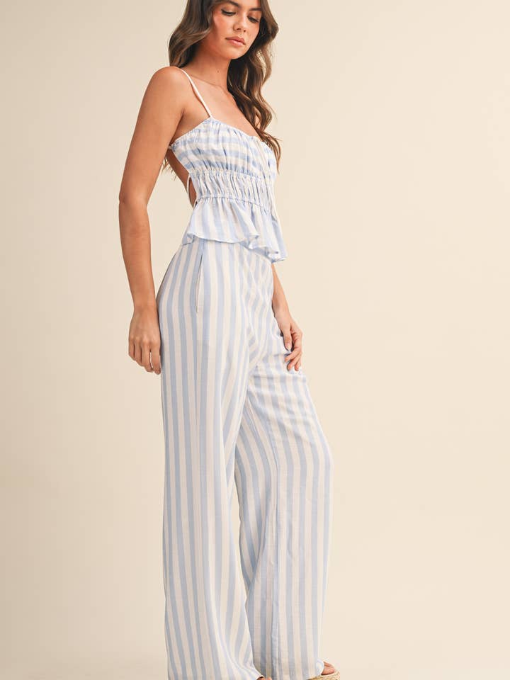 IST6493 STRIPED RUCHED PEPLUM BACKLESS CAMI AND TROUSERS for wholesale by Klesis