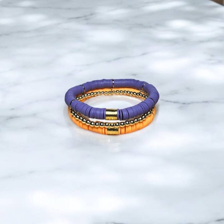 Fish Towne Designs, LLC - Wholesale Jewelry Set - Gold Purple Game Day Stack Bracelet, School Spirit Jewelry