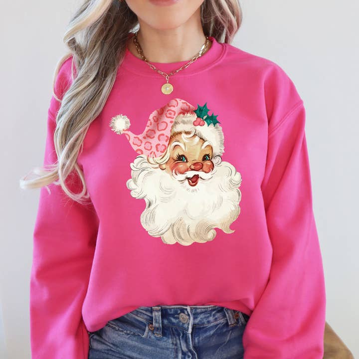 Retro Pink Santa, Leopard Cheetah Print Christmas Sweatshirt for wholesale by Refinery Number One LLC