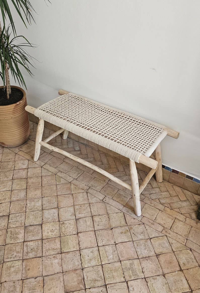 Melecraft - Vente Bancs - Banc marocain artisanal en bois d’eucalyptus avec corde beige2