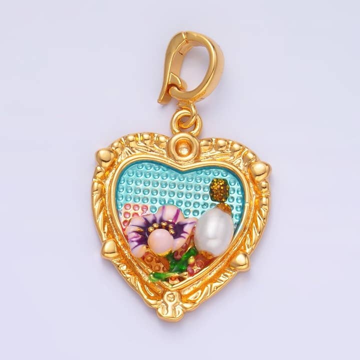24K Gold Filled Flower Garden Heart Enamel Charm with Snap Bail Pendant | AA-1470 for wholesale by Aim Eternal
