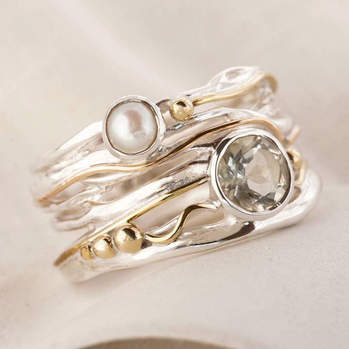 Handmade Silver Green Amethyst and Pearl Statement Ring for wholesale by Banyan Jewellery