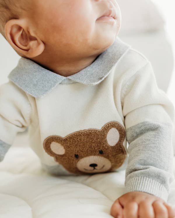 Heather Grey Cuddly Bear Applique Sweater Knit Collar Baby Pullover for wholesale on Faire2