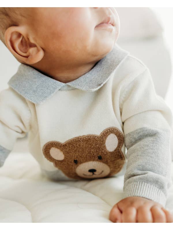 Heather Grey Cuddly Bear Applique Sweater Knit Collar Baby Pullover for wholesale on Faire2