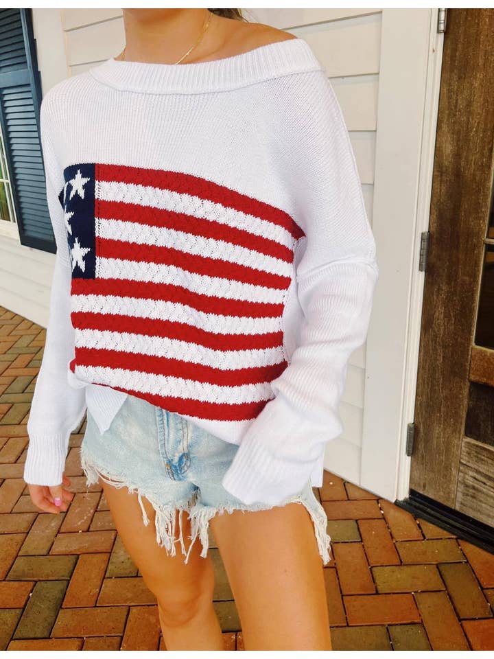 Sweetkama - Vente Pull en maille – femme - Pull-over à col rond pour femmes avec drapeau américain SKT41070