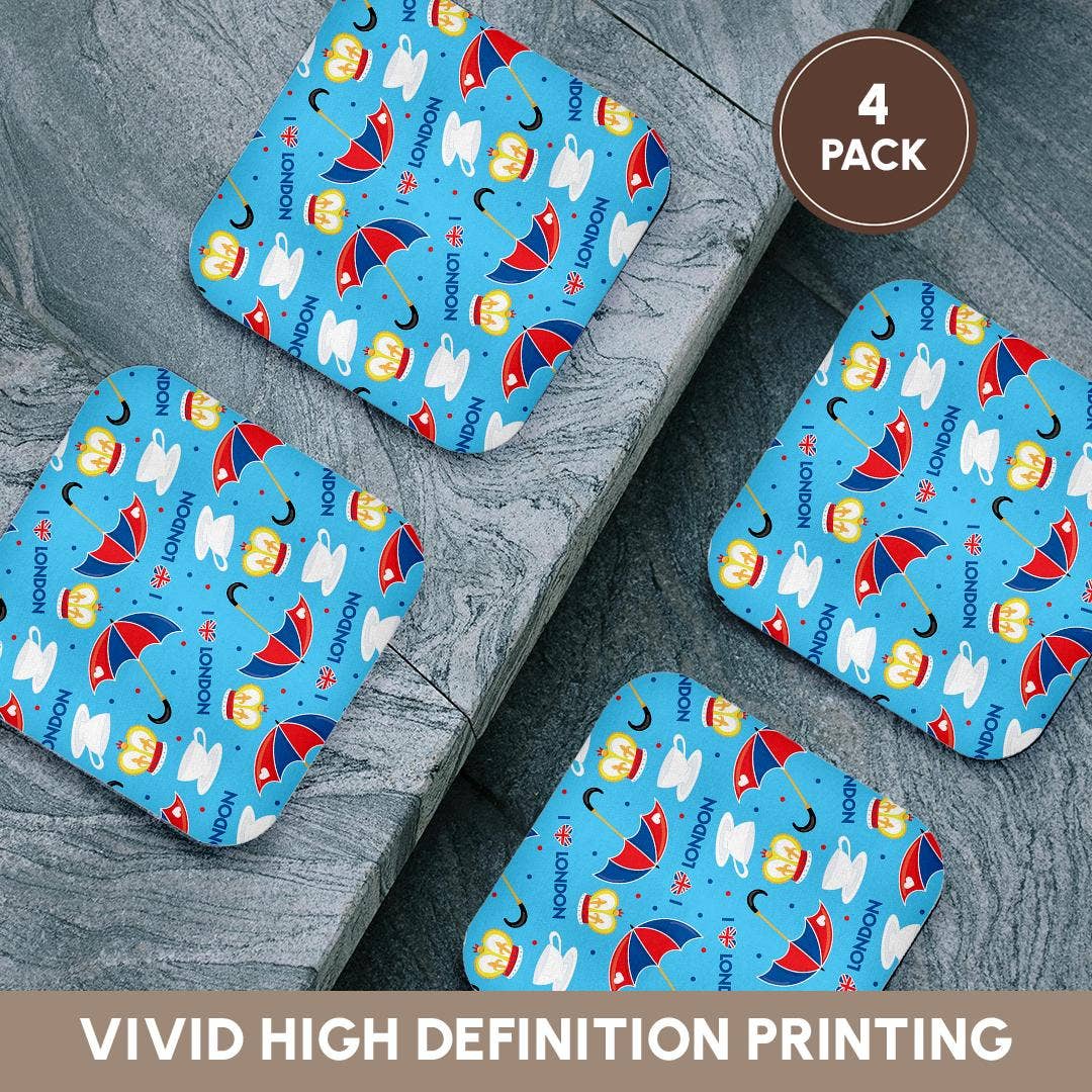 3dRose - Vendita all'ingrosso Sottobicchiere - 3dRose, Motivo Carino di Londra con Cuori, Ombrelli, Tè e Corone, Sottobicchiere12