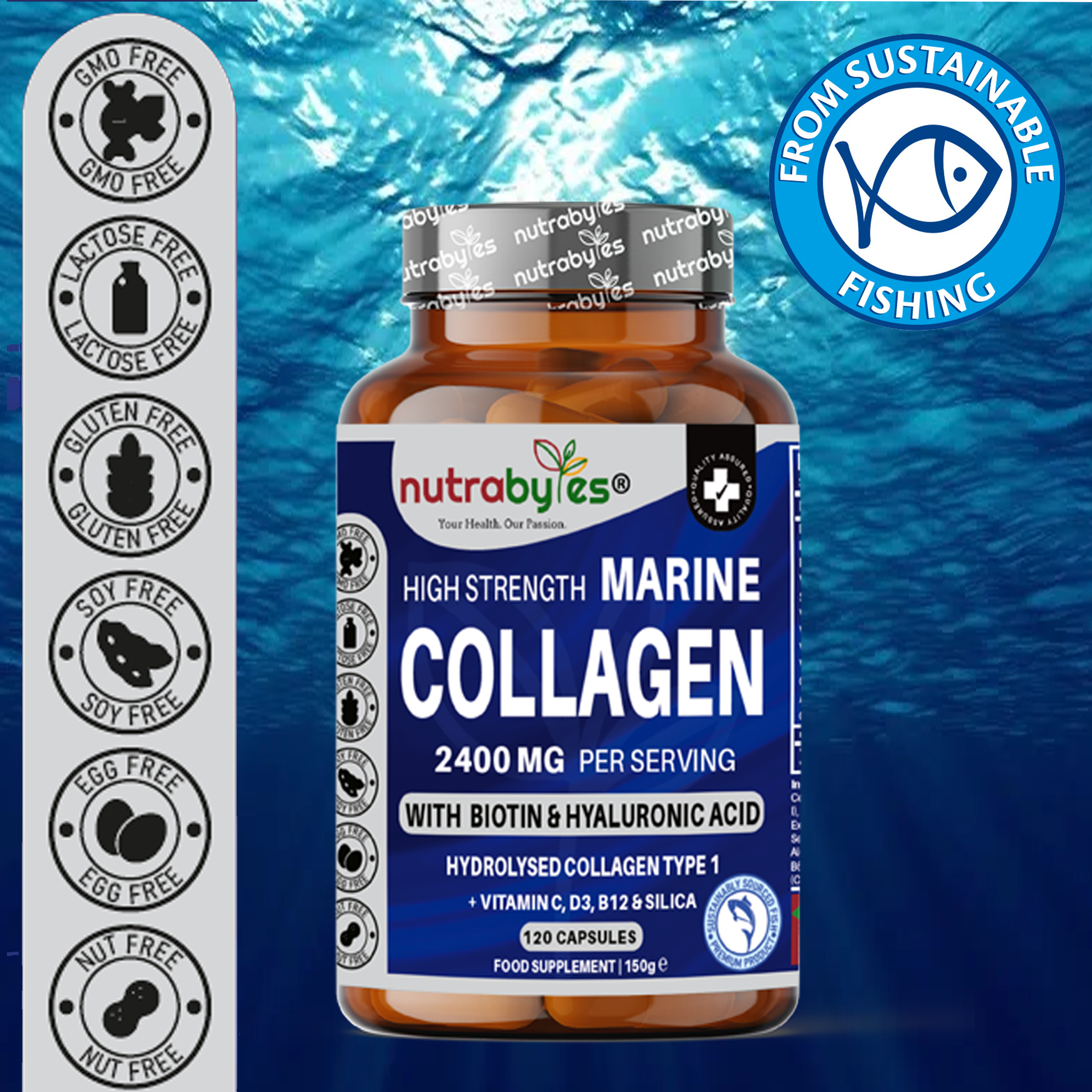 NUTRABYTES - Vendita all'ingrosso Vitamine/integratori orali - Integratore di Collagene Marino ad Alta Resistenza per donne e uomini (120 Capsule) | 2400 mg di Peptidi di Proteine di Collagene Marino Idrolizzato | Collagene Tipo 1 | Arricchito con Acido Ialuronico, Biotina, Silice, Vitamina C, D3, B6 e B12 | Prodotto nel Regno Unito9