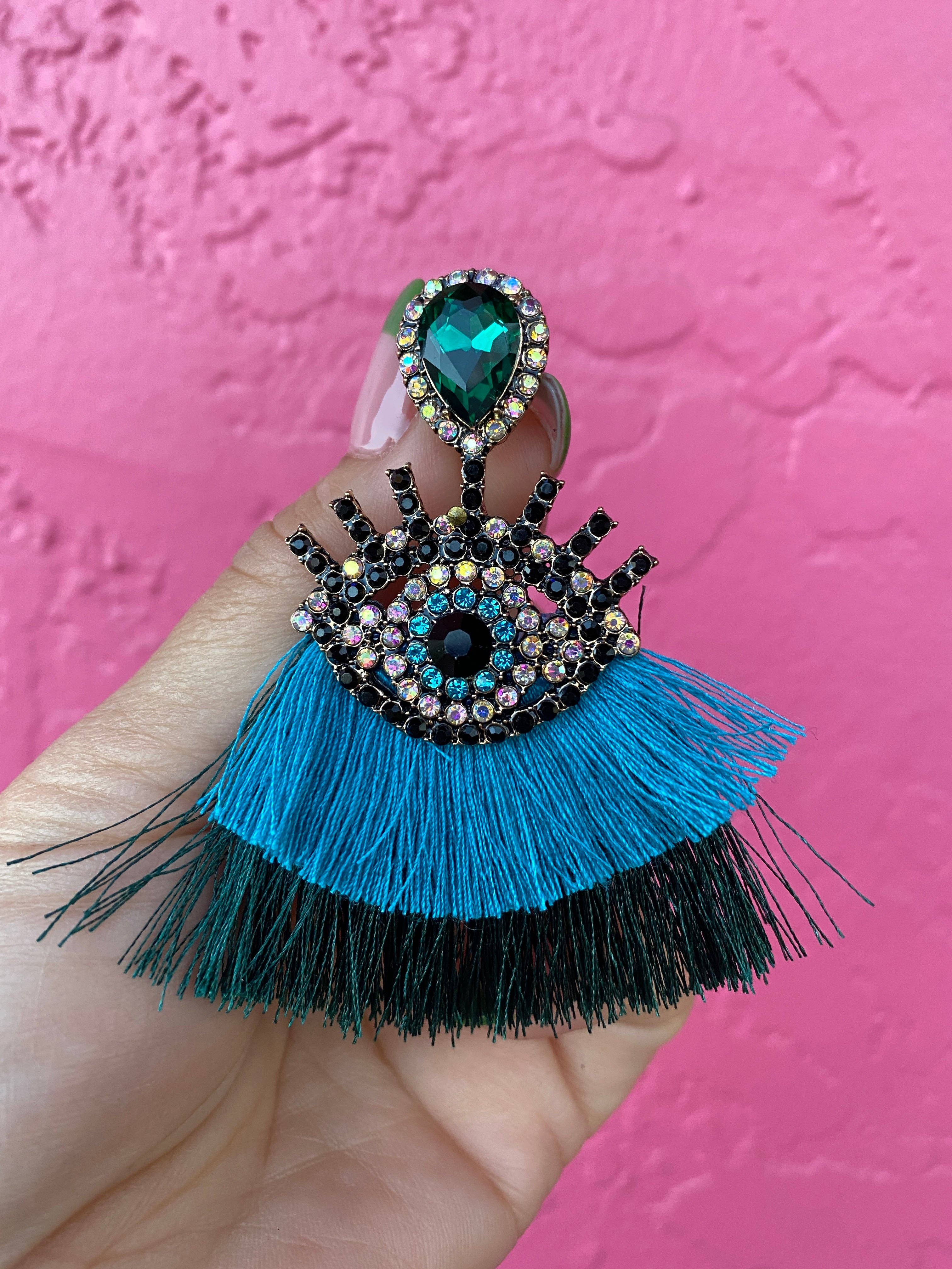 Very That - Wholesale  - Mal Ojo Teal Tassel Gem Earrings4