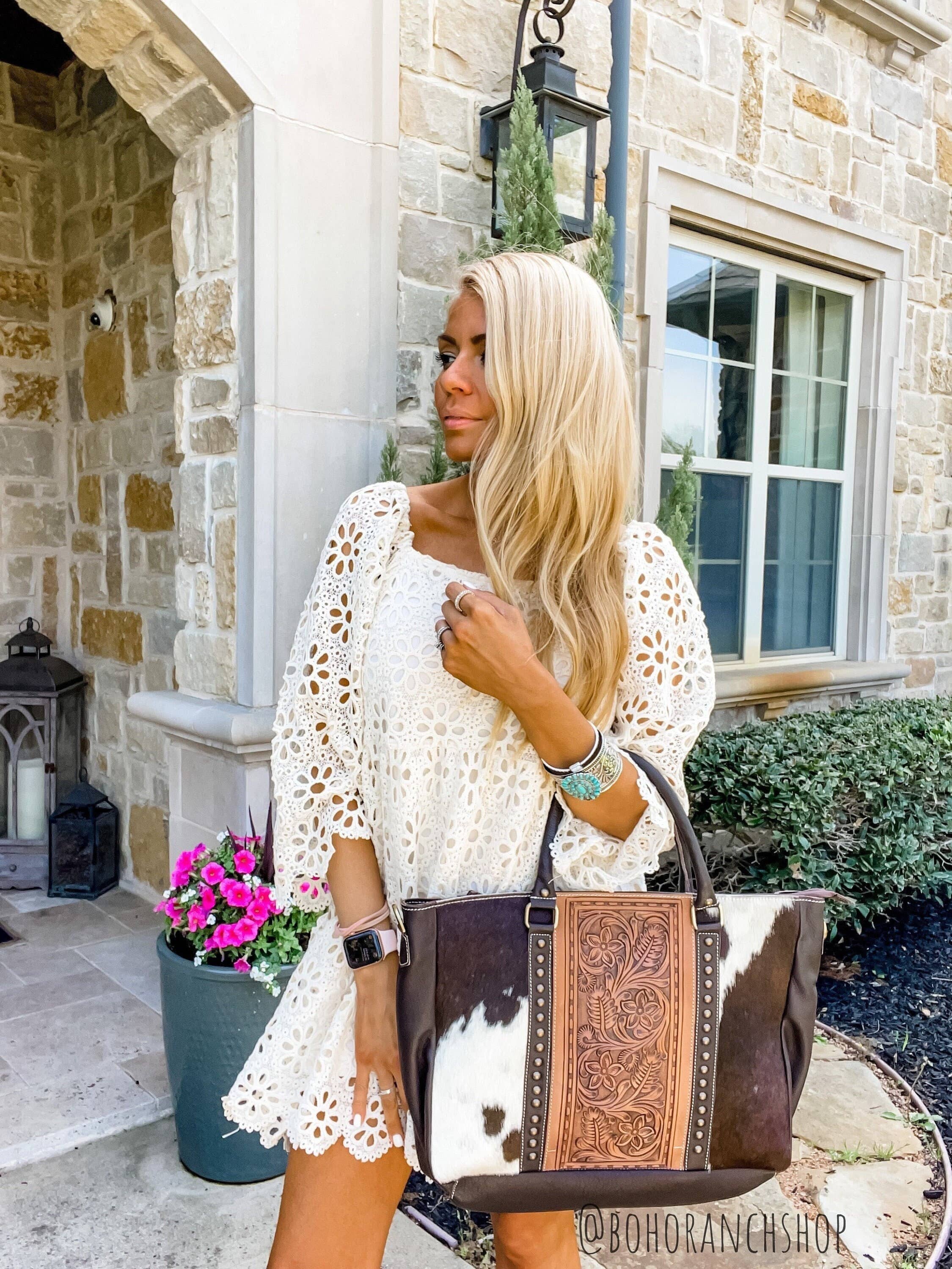 Boho Ranch Shop - Wholesale Tote Bag - Women's - Hand Tooled Leather Cowhide Western Purse Tote Work Bag