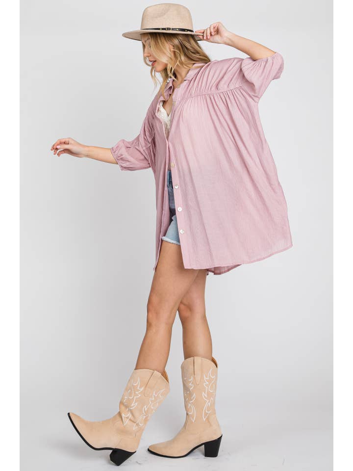 ELLEBORN - Wholesale Dress - Women's - Shirred button-down shirt dress 3136D-12