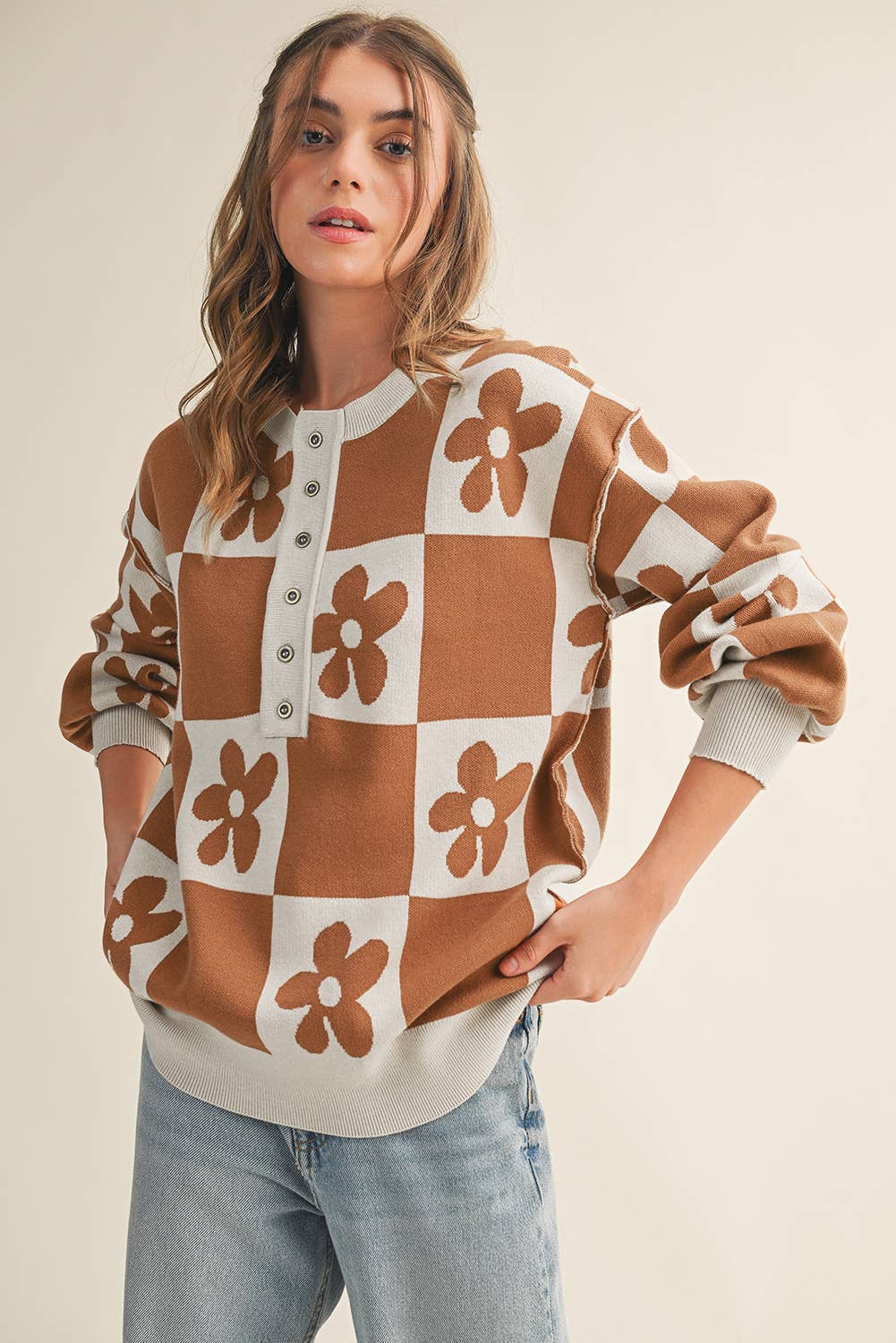 Aapparella - Vente Pull en maille – femme - Cardigan à boutons avec blocs de couleur à carreaux et fleurs | S-XL13