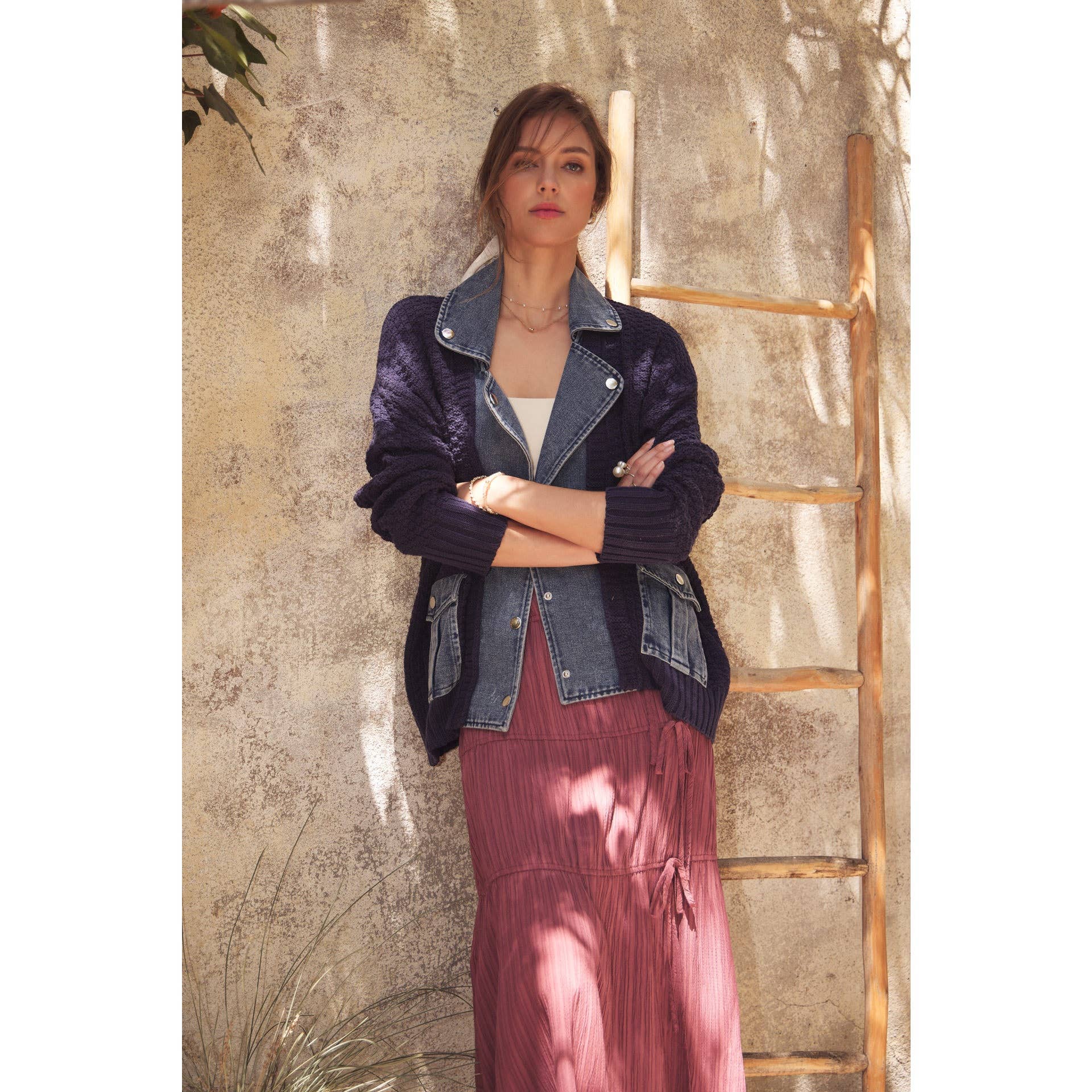 in february - Wholesale Cardigan - Women's - WASHED DENIM AND SWEATER MIXED OVERSIZED CARDIGAN2