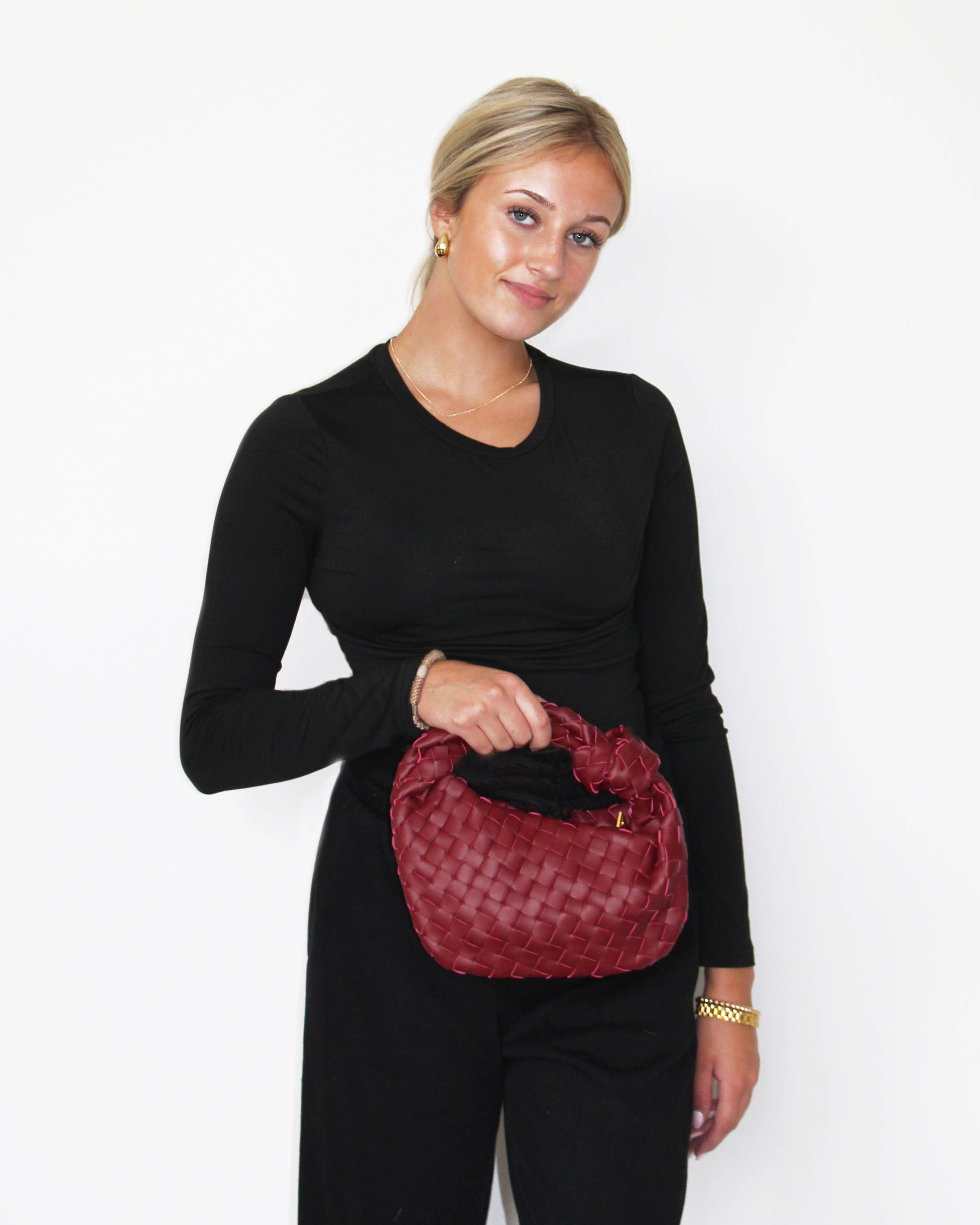 Lemonbella - Wholesale Shoulder Bag - Women's - Ava Woven Knotted Handbag Burgundy-CLOSEOUT DEAL!!3
