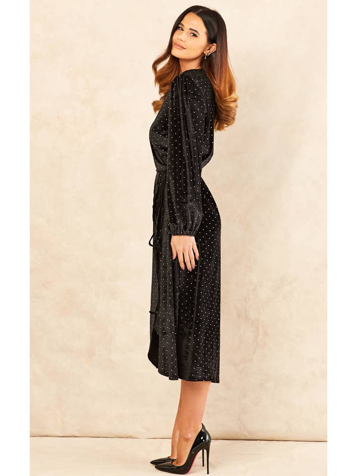 Curved Hem Long Sleeve Midi Wrap Dress in Black Gold Spot Velvet | Georgia for wholesale on Faire