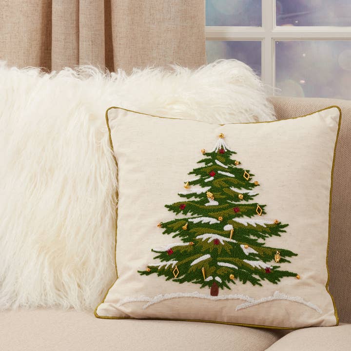 Natural Throw Pillow With Embroidered Christmas Tree Design for wholesale on Faire1