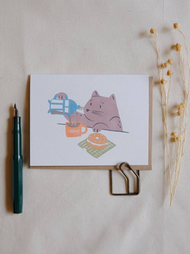 Coffee Cat (Gray) Greeting Card for wholesale by Justine Gilbuena