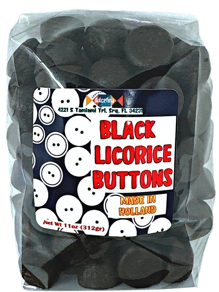 Dutch Black Licorice Buttons 10oz Bag for wholesale by Dulcefina Chocolate and Sweets