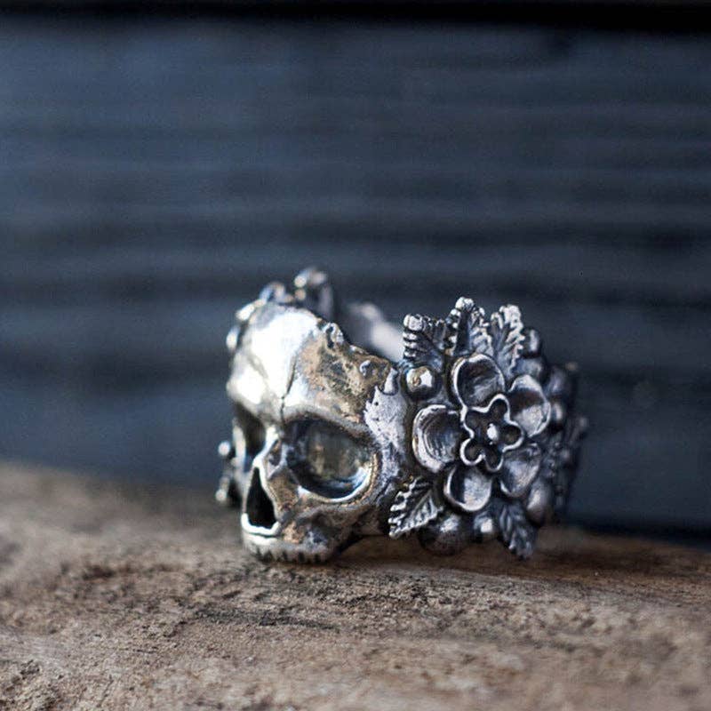 Retro Silver Punk Flower Skull Ring for wholesale on Faire