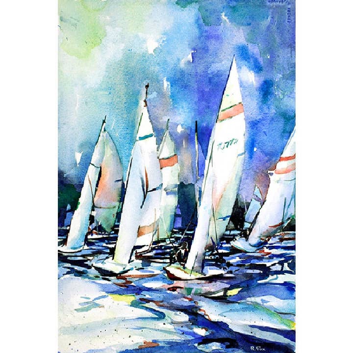 Peinture à l'aquarelle représentant une course de motoneilles lors d'une régate, à Torch Lake, dans le Michigan. Peinture de bateau, art, décoration d'intérieur, aquarelle, peinture nautique, art bleu (impression) pour la vente par Ryan Fox Fine Art