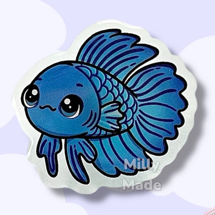 Blue Betta Fish Acrylic Pin with Epoxy Resin | Cute Fish Cartoon | Hand-Drawn Design for wholesale by Milly Made Designs