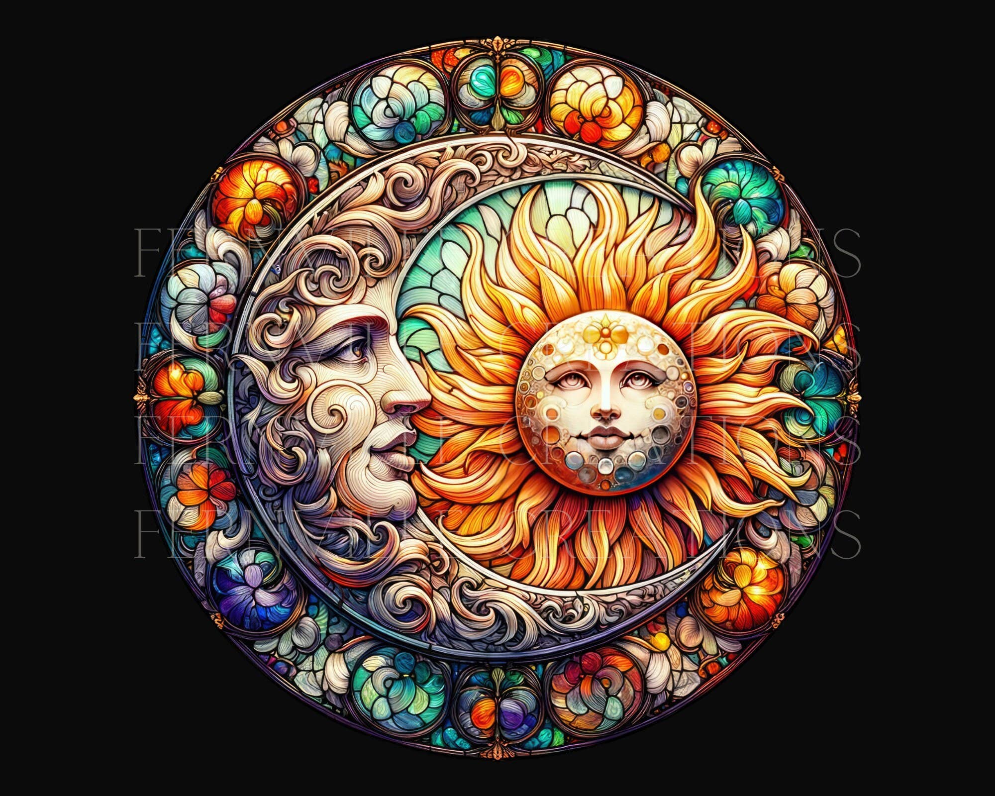 Fernville Creations - Vente Sous-verre - Sous-verre céleste en céramique Soleil et Lune avec base en liège1